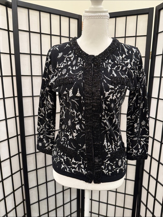 Spiegel Sweaters - Spiegel Black and White Floral Knit Cardigan Sweater